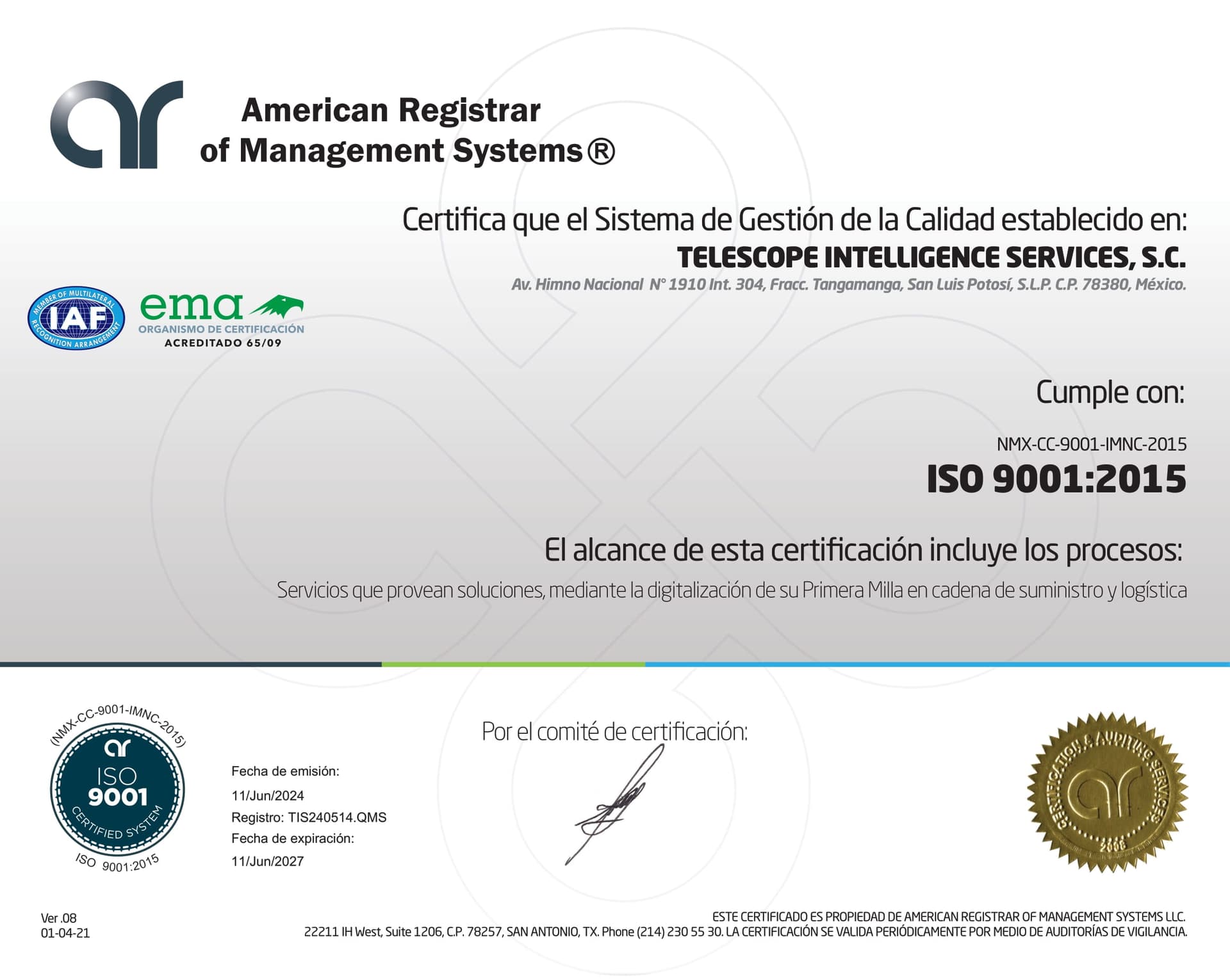 Telescope Inspection ISO 9001 certificate