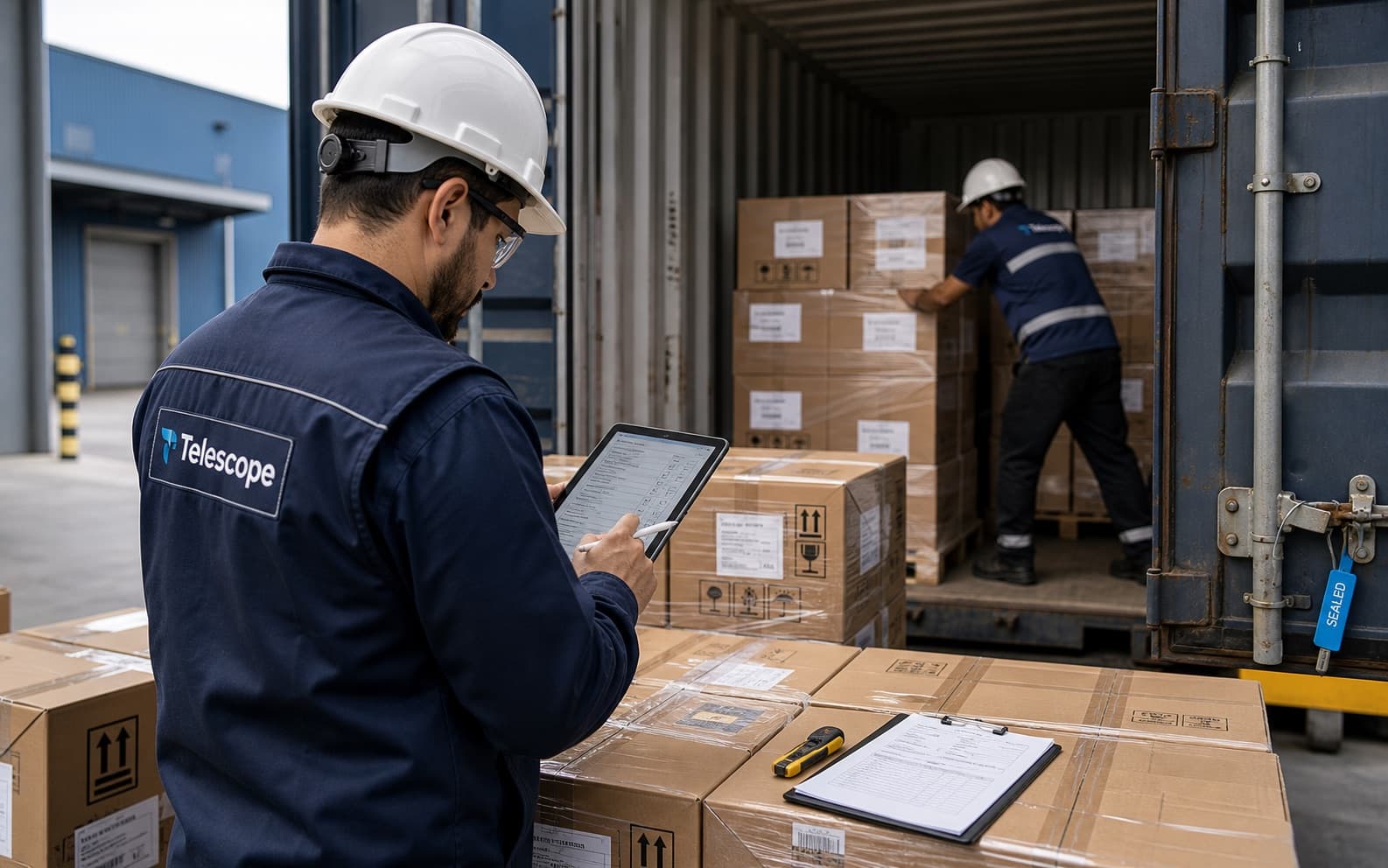 Inspector de Telescope revisando cajas selladas durante la carga de un contenedor