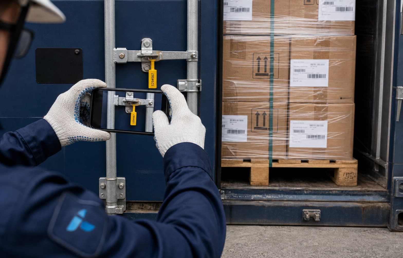 Registro fotográfico del sello de un contenedor y cajas documentadas en origen